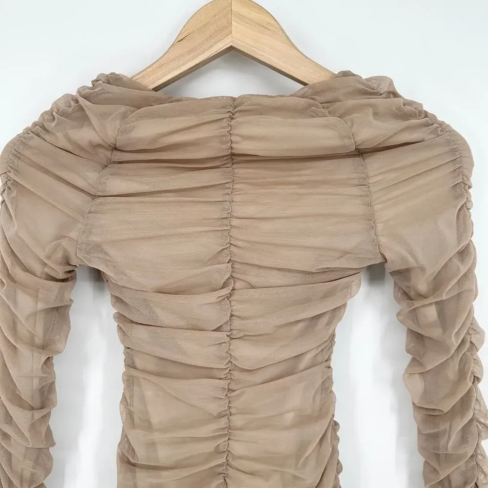 Michael Costello x REVOLVE Franky Mini Dress Mesh Ruched Long Sleeve, Taupe - Picture 10 of 14